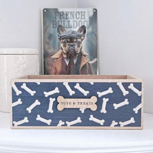 wooden toys and treats blue and white pet crate storage 