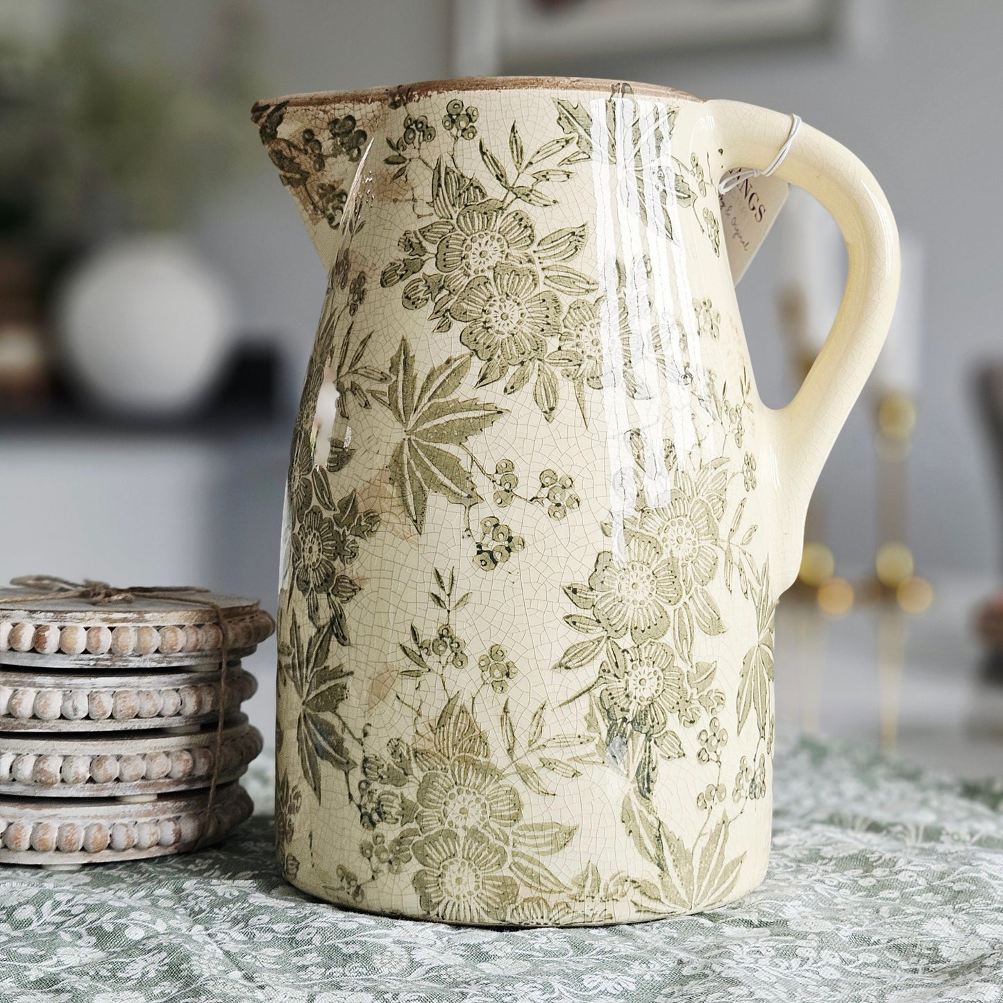 stoneware green vintage decorative jug floral and leaf design