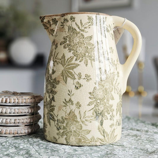 stoneware green vintage decorative jug floral and leaf design