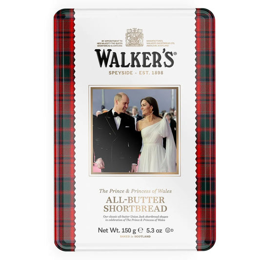 the prince and princess of Wales walkers shortbread 150g tin Kate wearing a white dress