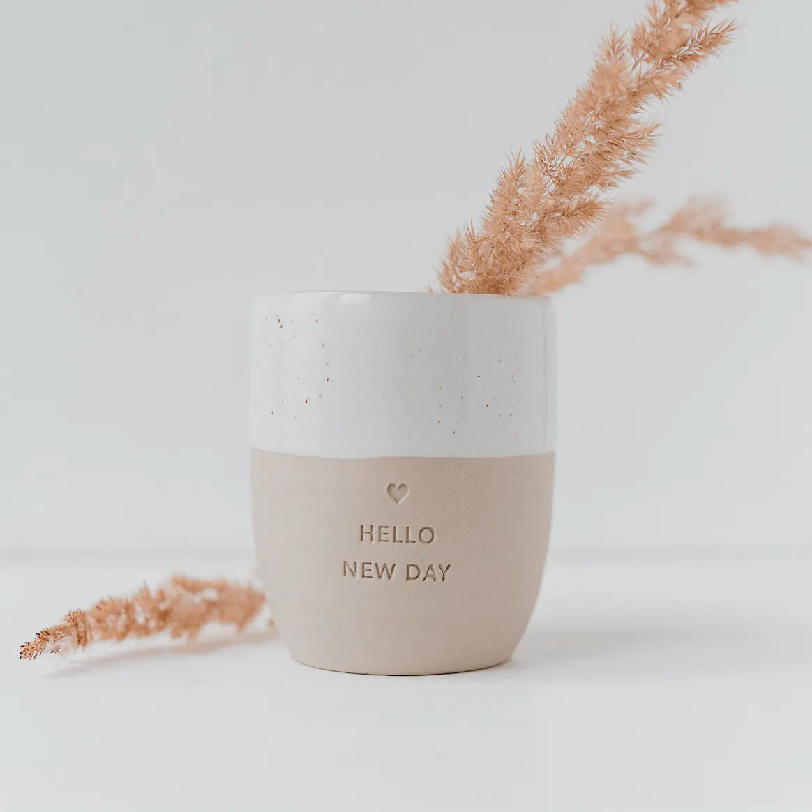 Hello New Day Cup with 2 tone glaze and clay effect