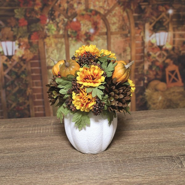 27cm autumn floral arrangement in white ceramic vase with decorative pumpkins  and pine cones for autumn home décor
