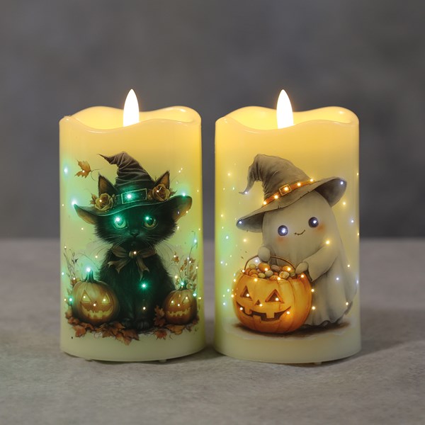 Halloween LED cat candle with pumpkins