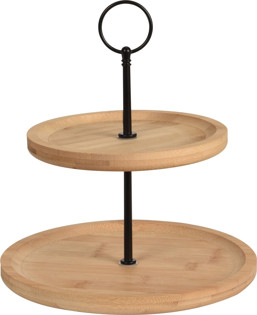 Bamboo Wooden 2 Tier Food Stand with black pole and round ring grip at the top