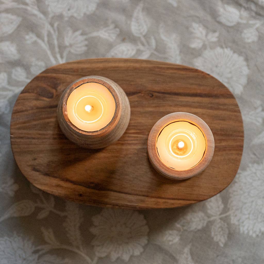 Tulle Acacia Wood Tea Light Holder | Grooved Wood Candle Holder