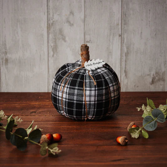 mono check fabric pumpkin with hello pumpkin tag