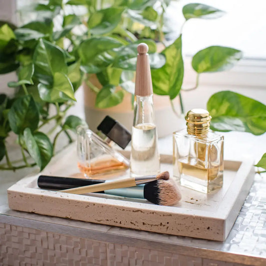 whillan flat rectangular travertine tray with raised lip