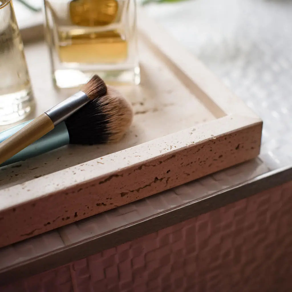 COMING JUNE - Flat Rectangular Travertine Tray with Raised Lip