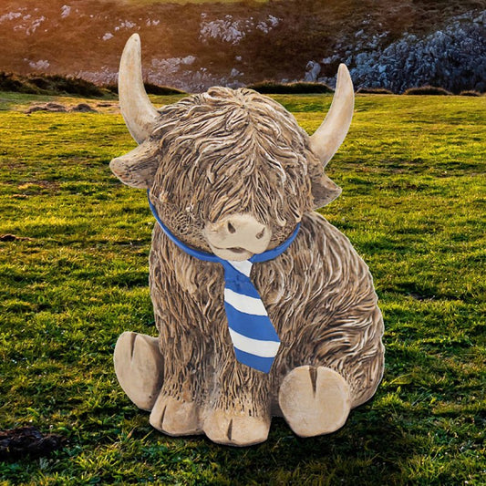 Resin Animal Statue In a Highly Detailed And Adorable Highland Cow Design Wearing a blue and white tie
