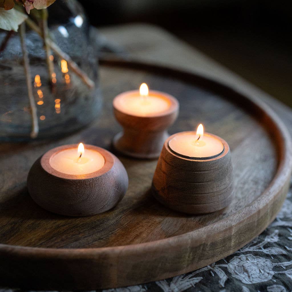 Tulle Acacia Wood Tea Light Holder | Grooved Wood Candle Holder