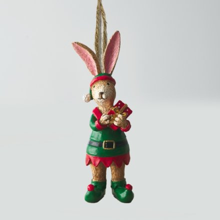 jasper rabbit elf hanging decoration holding a present