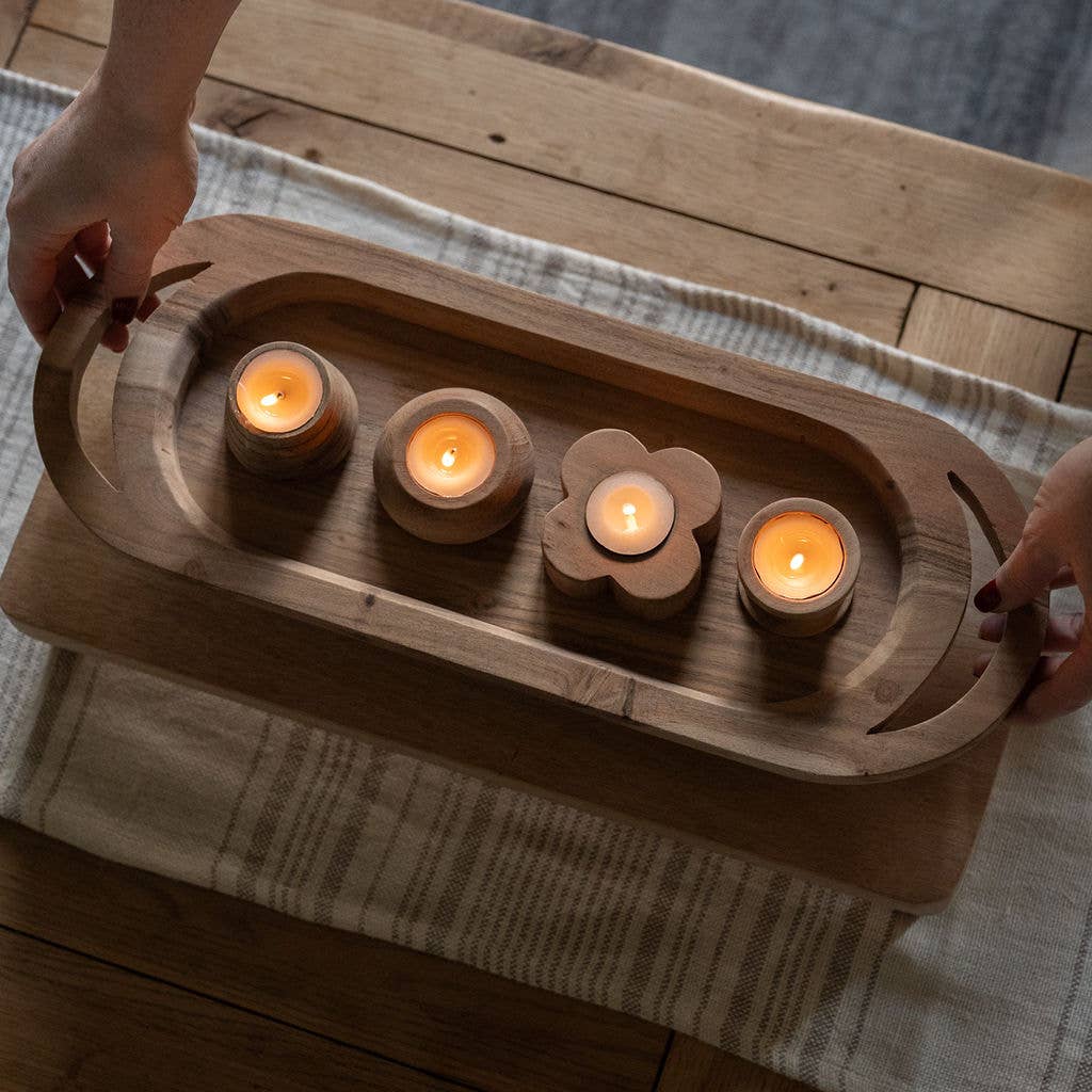 Tulle Acacia Wood Tea Light Holder | Grooved Wood Candle Holder