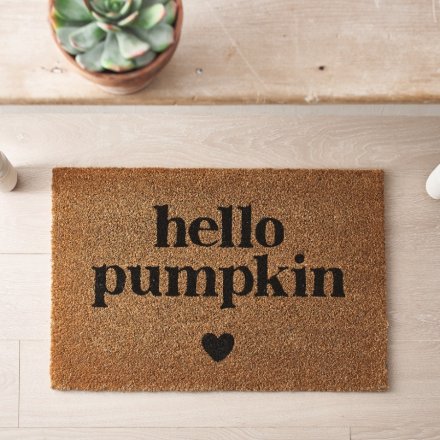 COIR HELLO PUMPKIN DOORMAT WITH BLACK HEART