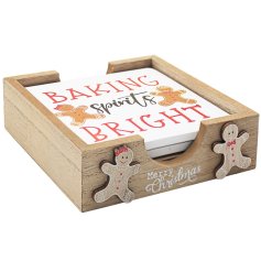 GINGERBREAD SET OF 4 COASTER SET IN A WOODEN BOX BAKING SPIRITS BRIGHT