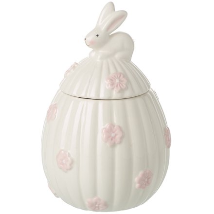 egg shaped ceramic bunny storage jar with pink flowers and bunny on top