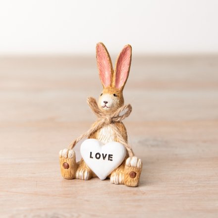 CUTE SITTING RABBIT BUNNY WITH JUTE BOW AND WHITE LOVE HEART