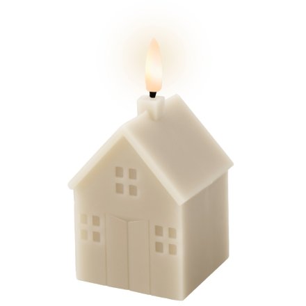 Cream Led Candle House. Measuring L.6cm by W.6cm and H.11.3cm