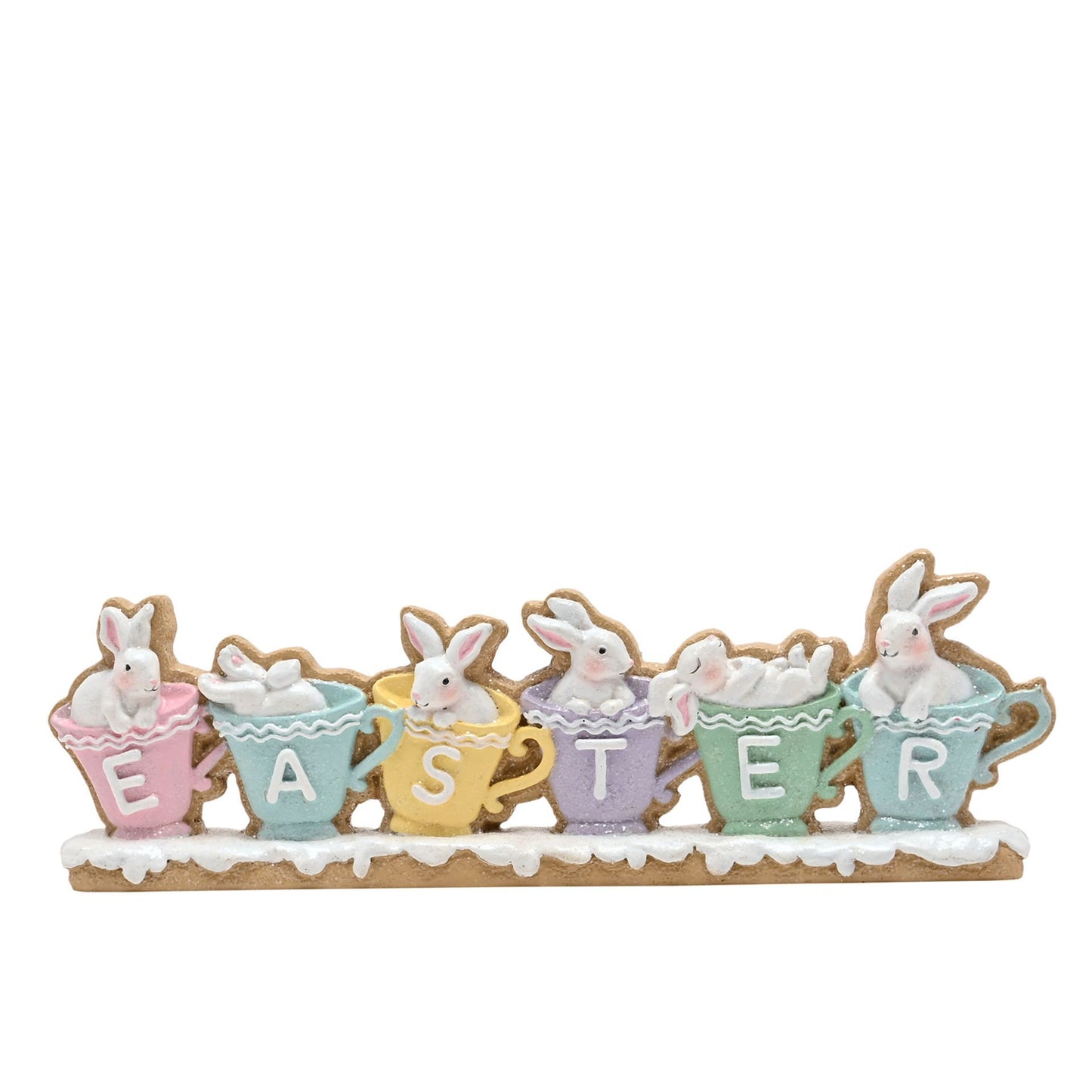 Decorative Easter sign with bunnies in colourful pastel teacups spelling 'EASTER' 