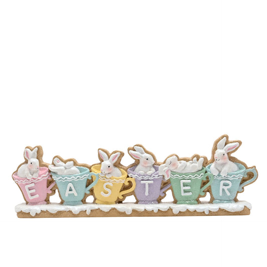 Decorative Easter sign with bunnies in colourful pastel teacups spelling 'EASTER' 