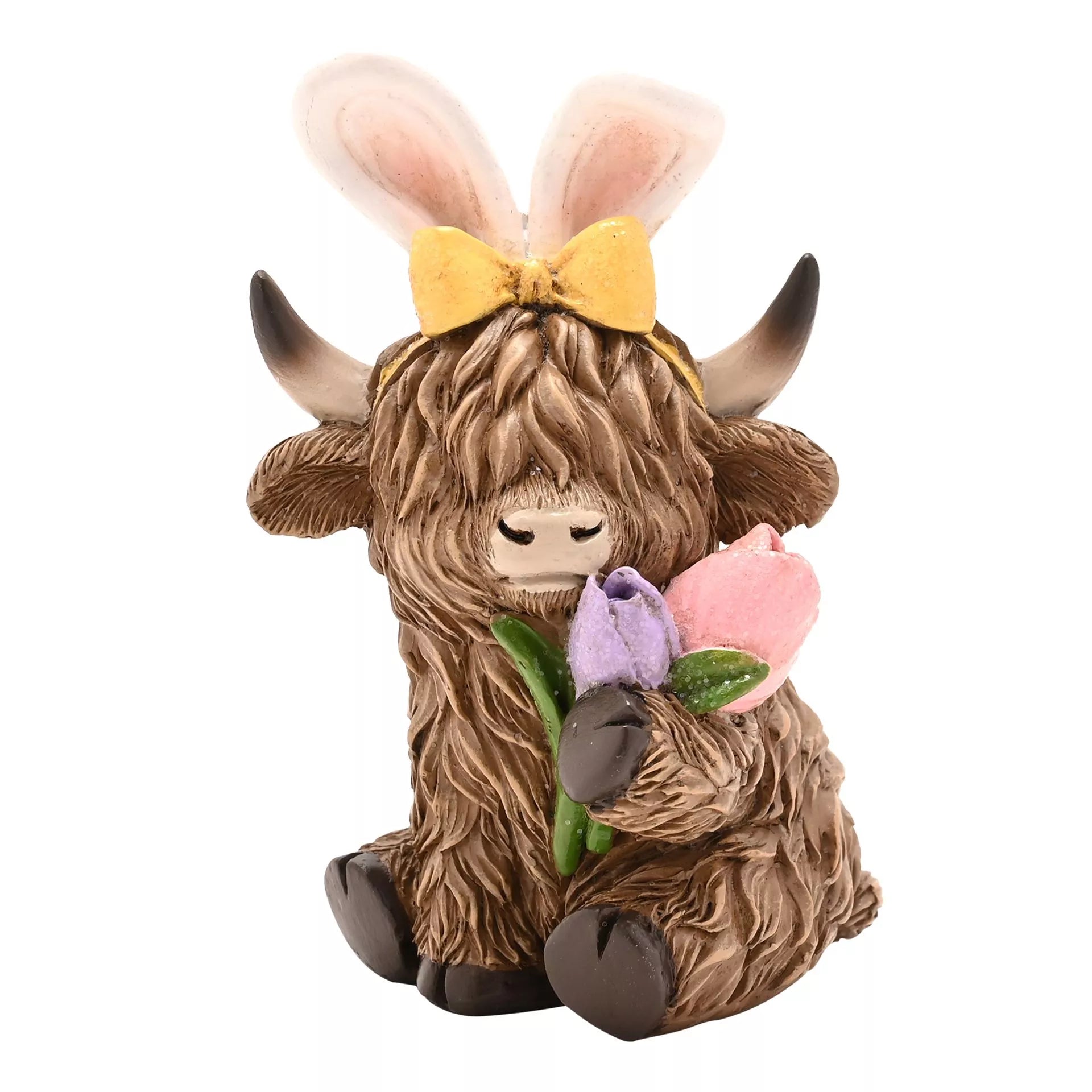 highland cow figurine with bunny ears and a yellow bow holding flowers 