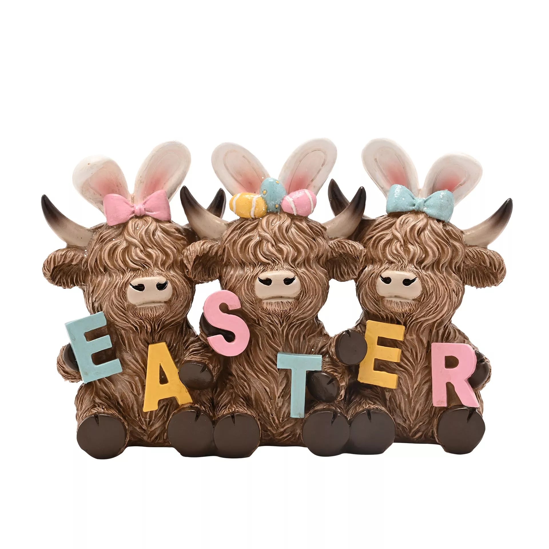 3 highland cows easter figurine with pastel colours and bunny ears