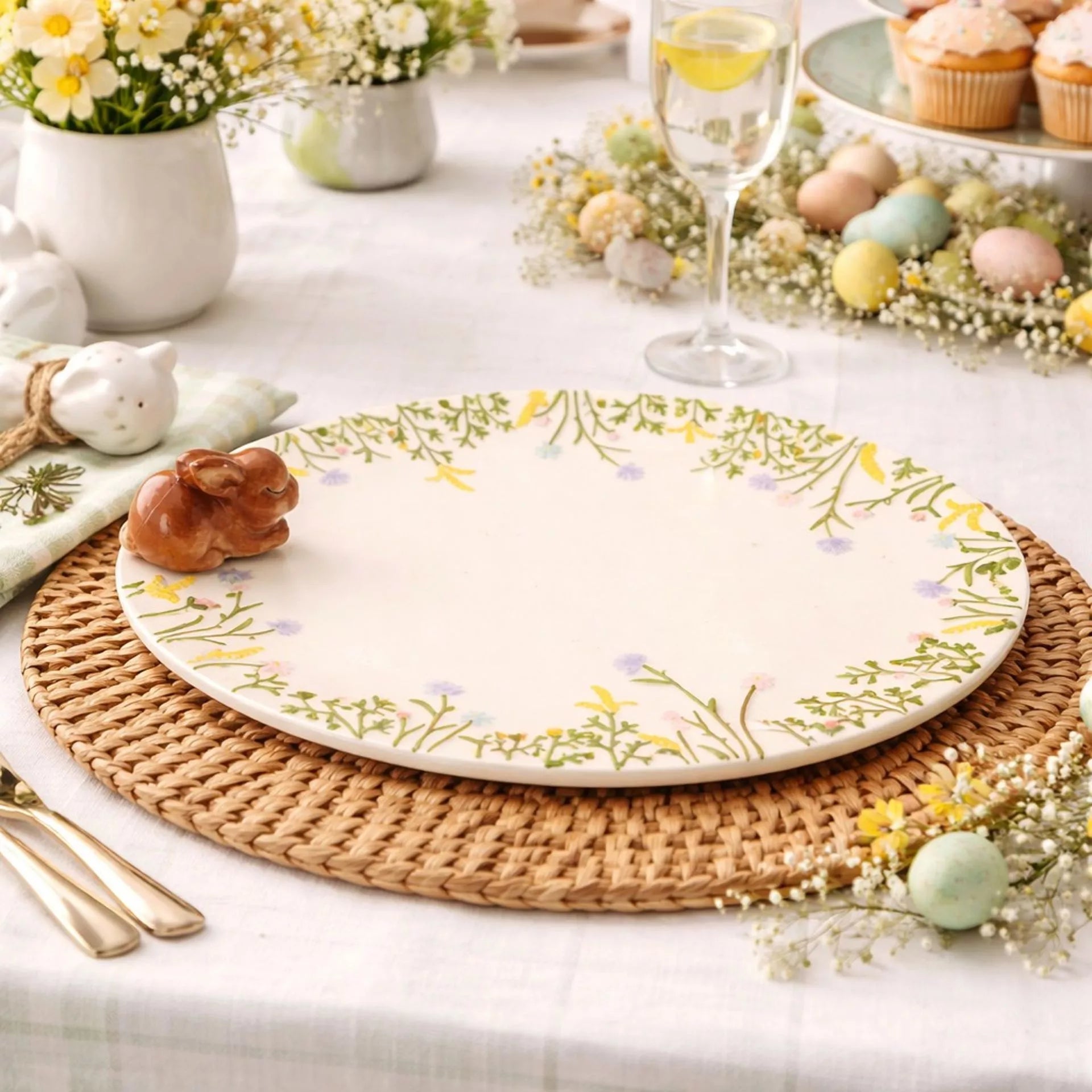  a decorative plate, bunny 3d figurine, and floral design