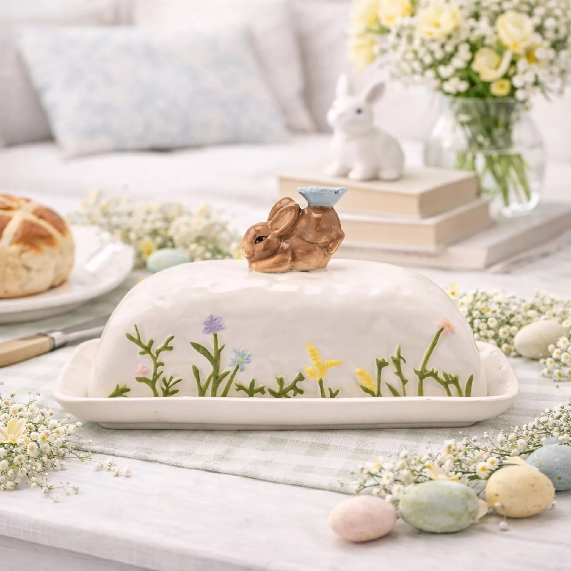 Decorative butter dish with floral design and rabbit 