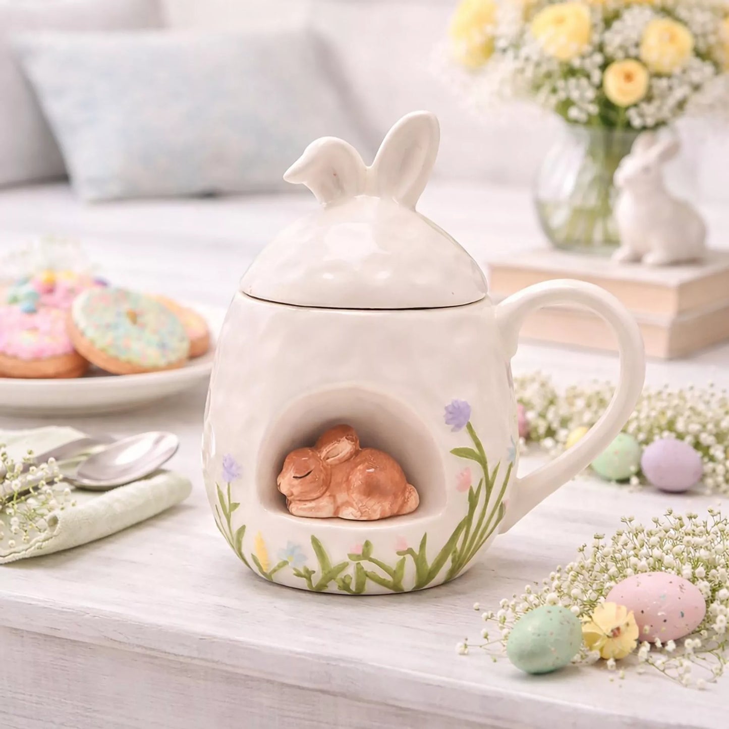 Ceramic 3d bunny mug with lid bunny ears and 3d bunny design nestled inside 