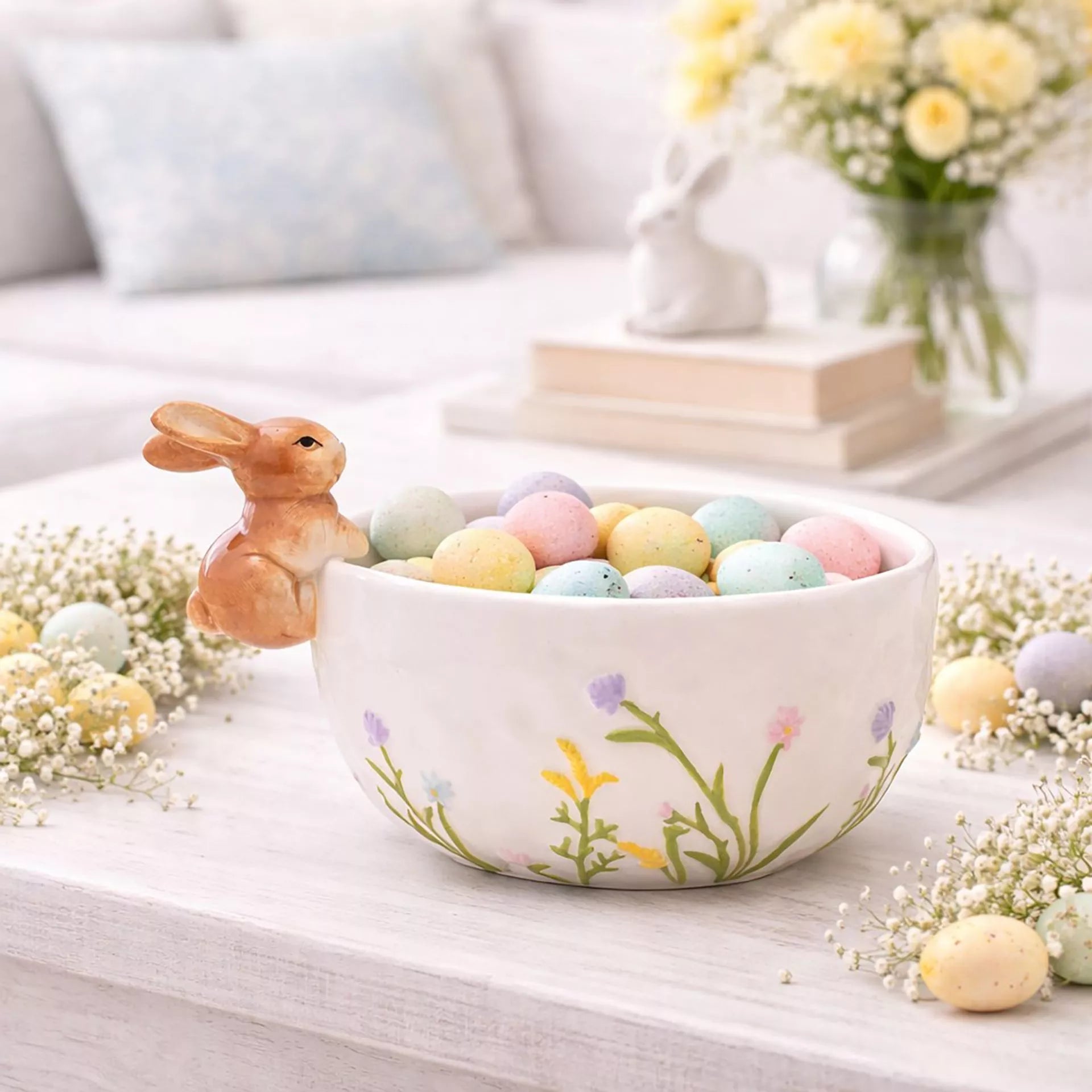 Decorative 3d bunny bowl with bunny perched on the side and floral design on bowl