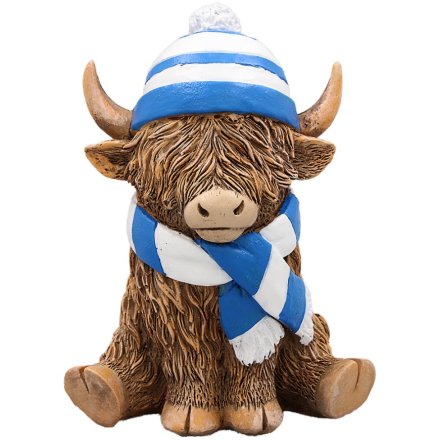 Highland cow wearing a blue and white stripped hat and scarf ornament