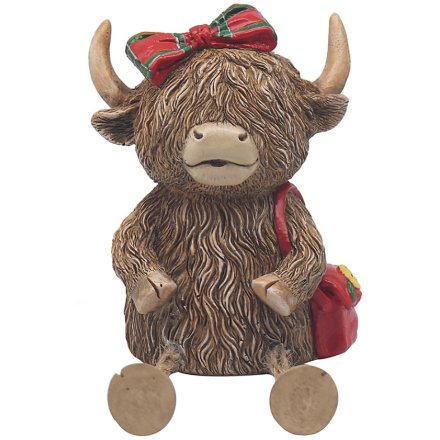 Highland cow money box with tartan bow and red handbag