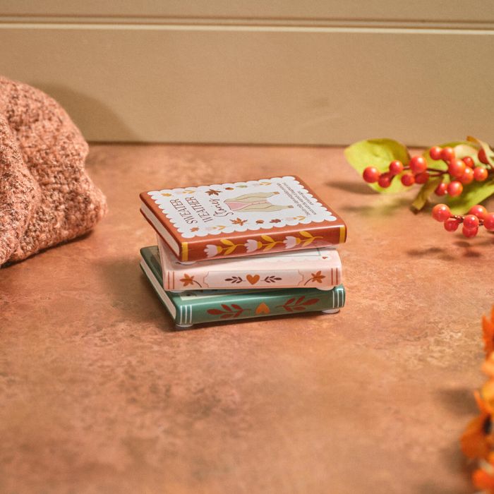 Cosy Chapter book shaped stoneware coaster set with 3 assorted literary designs