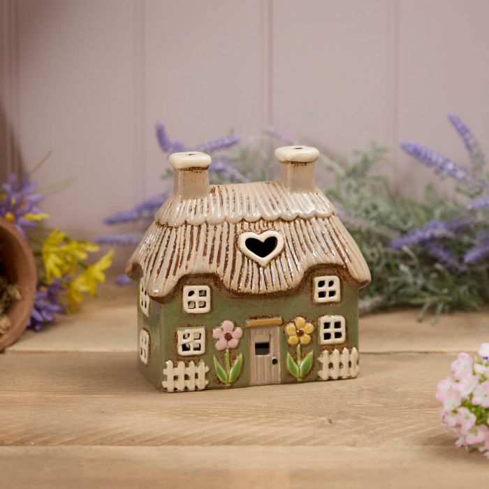 stoneware green cottage t light house holder heart window flowers and picket fence