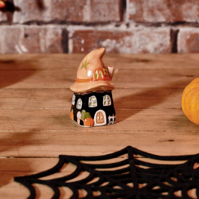 Witch's Hat Ceramic LED House Halloween decorative light-up ornament for seasonal home décor.