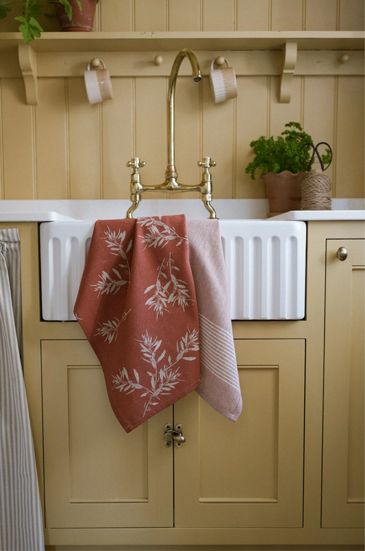 Olive Grove Print & Kumas Stripe 2pk Tea Towel Cinnamon