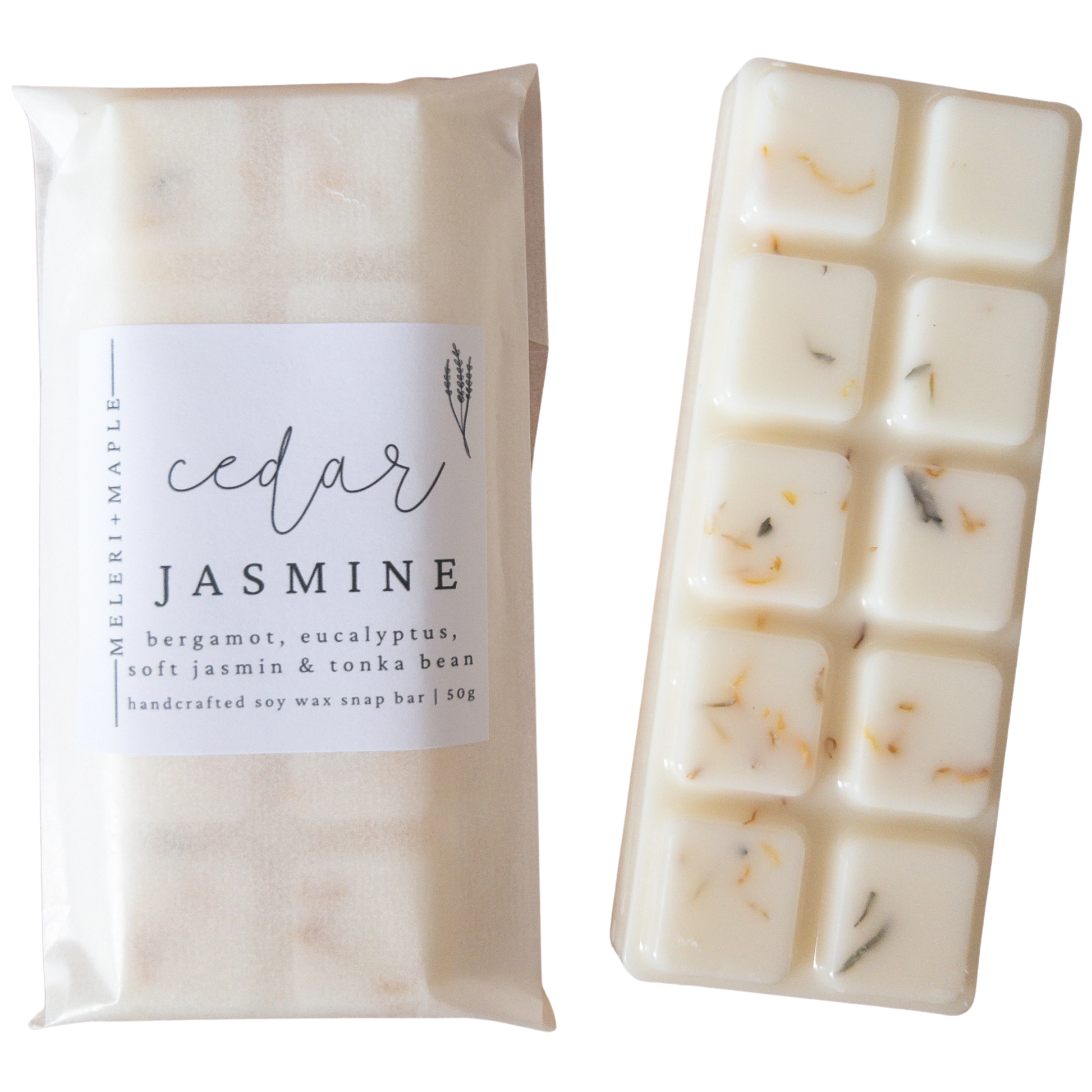 Packaged wax melt snap bar labeled 'cedar jasmine' next to an unwrapped soap bar with visible ingredients.