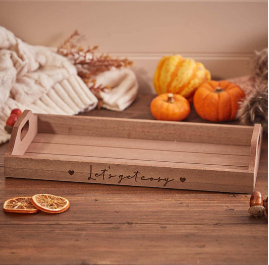 LET'S GET COSY NATURAL WOOD SLATED TRAY WITH HEARTS