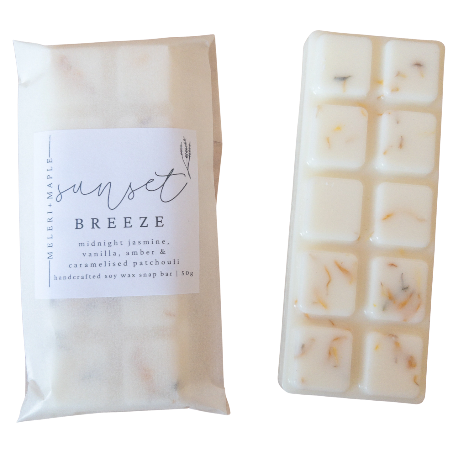 Scented wax melt snap bar with packaging labeled 'sunset breeze' on a white background by meleri and maple