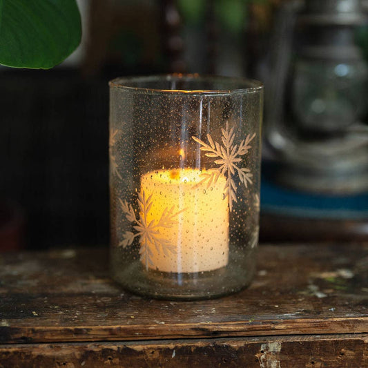 Ivy etched snowflake glass candle holder