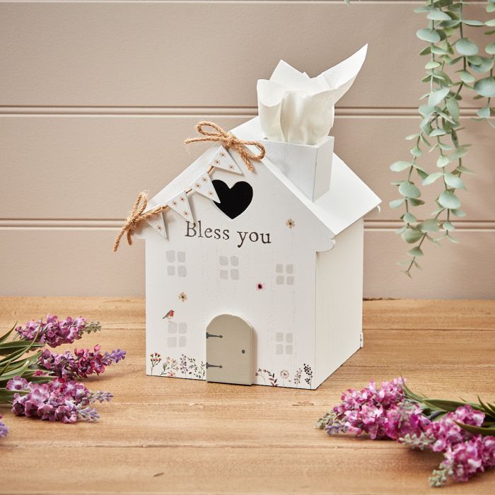 White wood House Tissue Holder With Bunting and robin 22cm