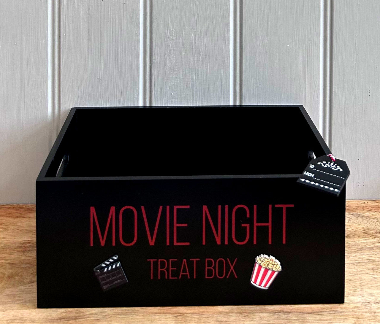 black treat box with red font movie night treat box with pictures f popcorn and movie cut slate and gift tag