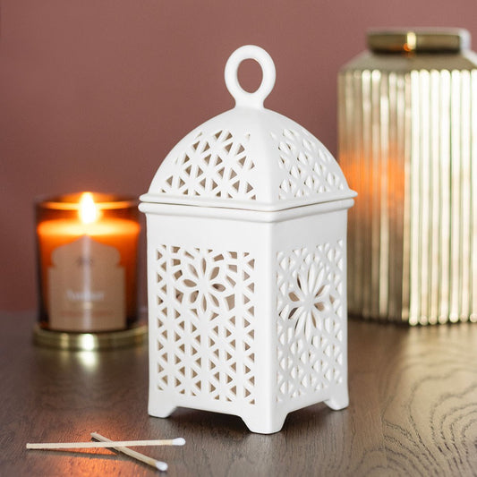 White decorative lantern with intricate patterns suitable for wax melts, fragrance oils and incense cones