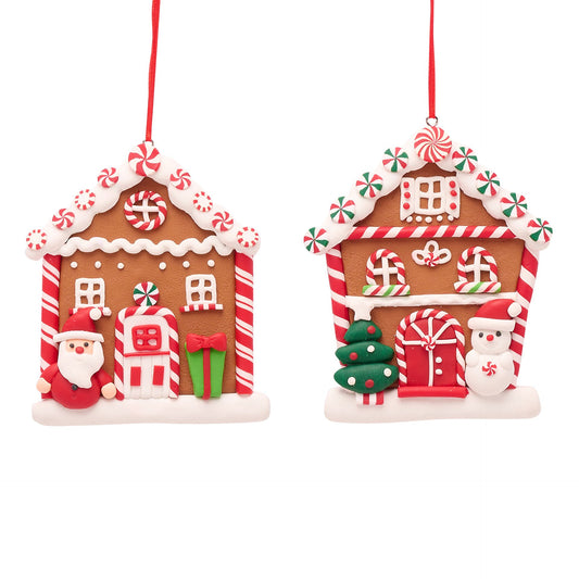 Gingerbread house christmas tree hanging decoration with santa and snowman designs and candy cane theme