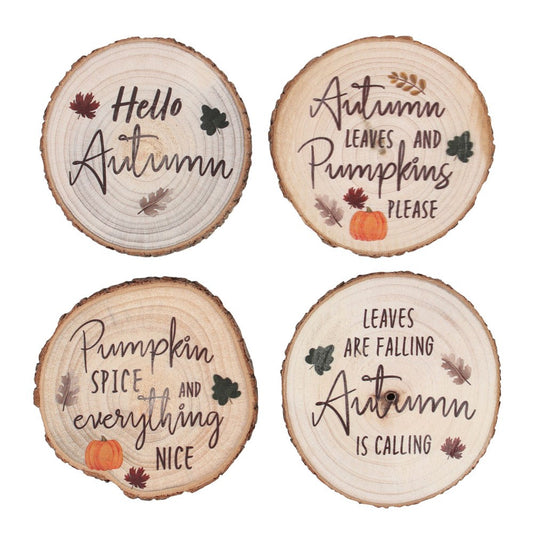 autumn set of 4 wooden coaster set with featured autumn writing and images
