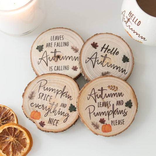 autumn set of 4 wooden coaster set with featured autumn writing and images
