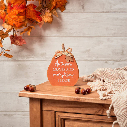 autumn leaves and pumpkins please burnt orange coloured free standing block