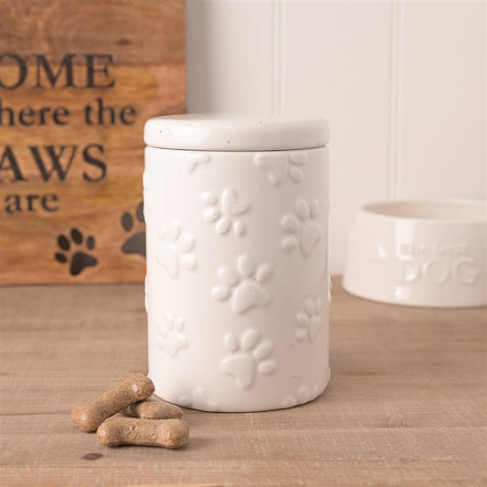 BEST OF BREED PAW PRINT TREAT JAR IN WHITE WITH SPECKLED DETAIL 15CM