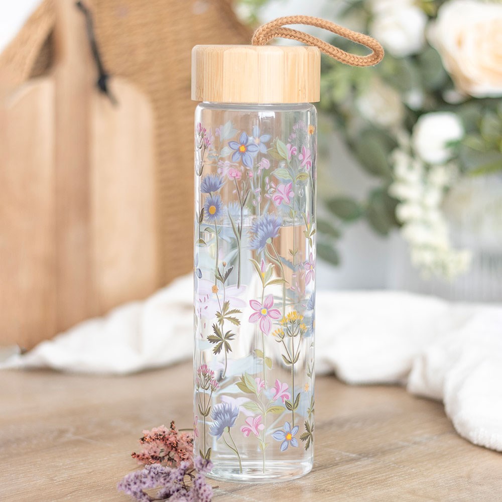 floral print glass water bottle with bamboo lid and gift box