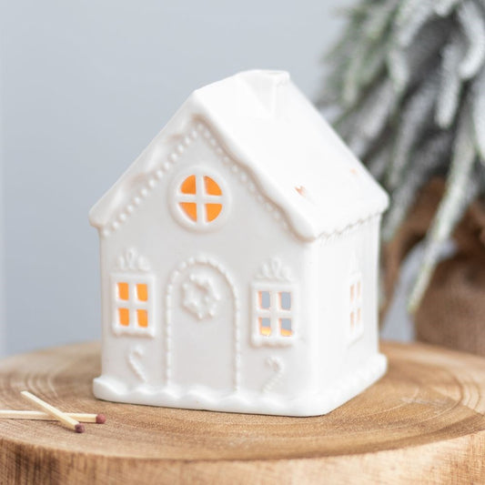 White gingerbread house tealight holder ceramic