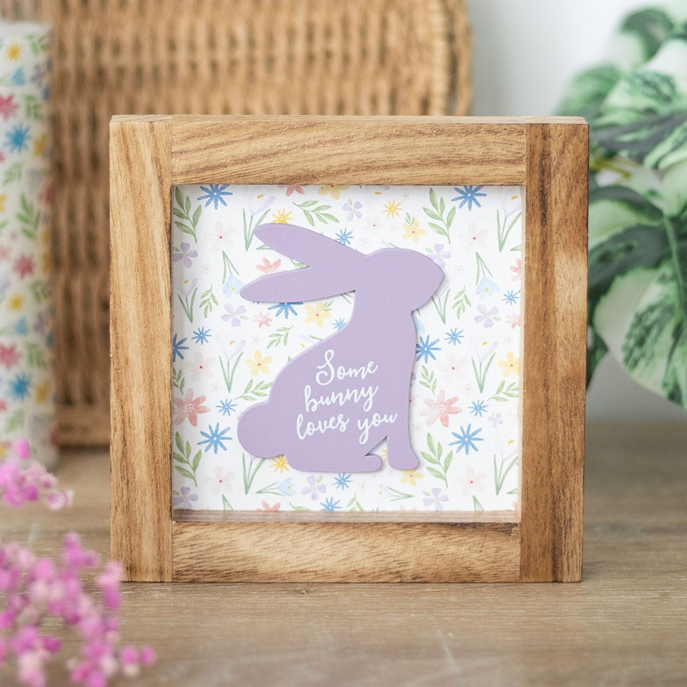 some bunny loves you wooden framed plaque with purple bunny and floral background